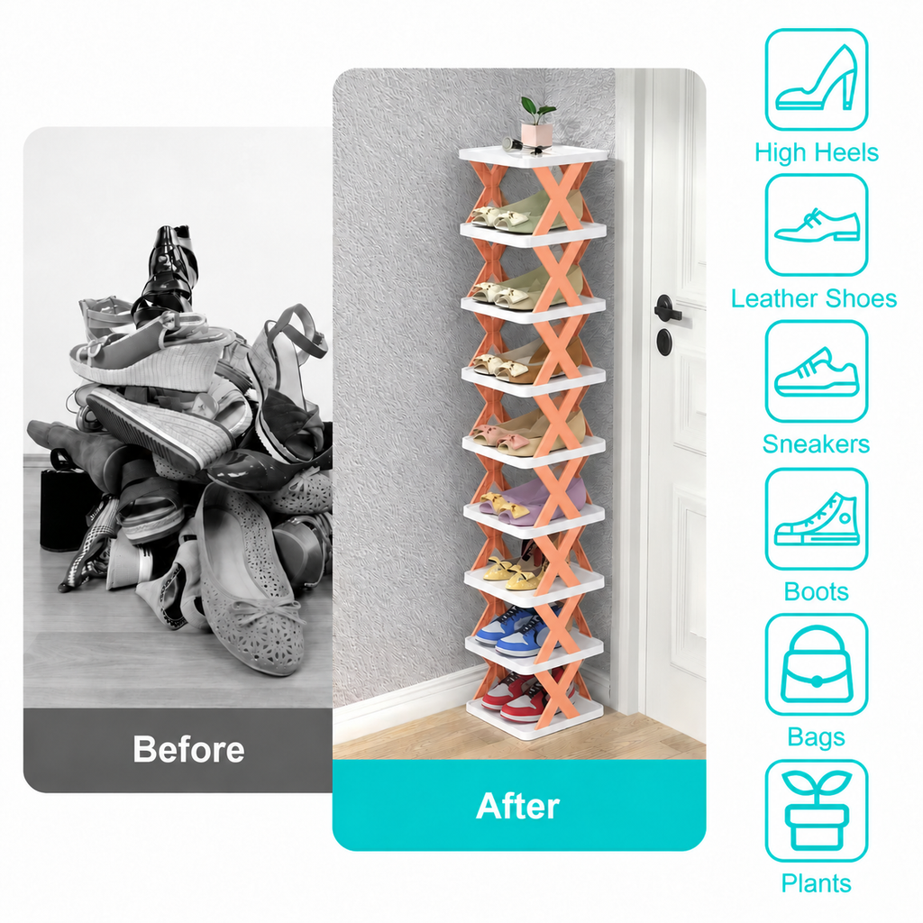 9-Tier Stackable Shoe Rack, Space-Saving Vertical Shoe Organizer with Sturdy Plastic Shelves, White and Orange