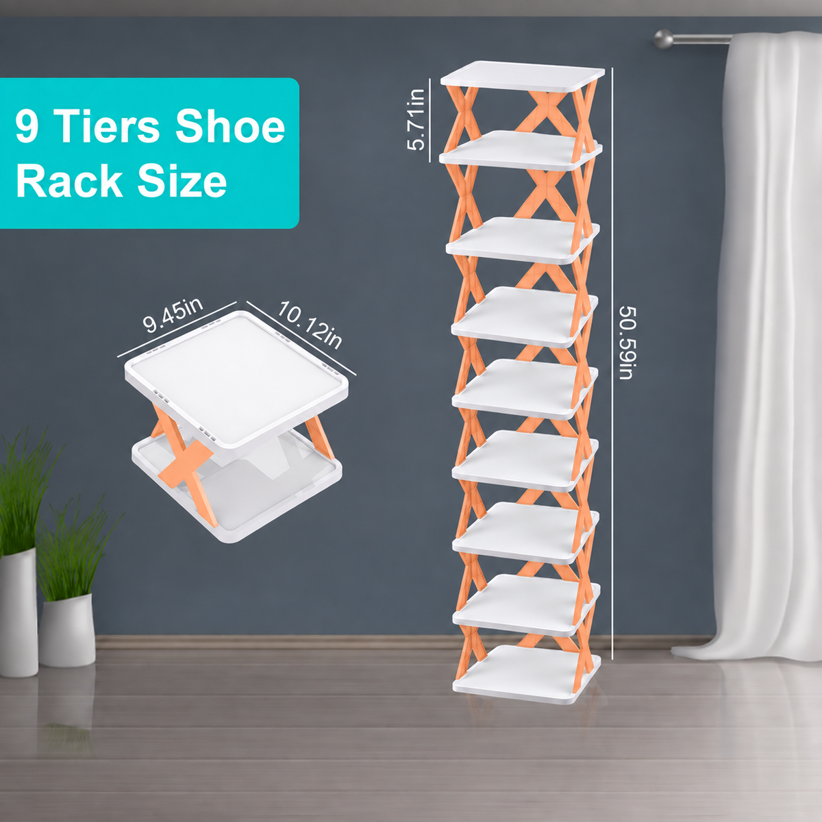 9-Tier Stackable Shoe Rack, Space-Saving Vertical Shoe Organizer with Sturdy Plastic Shelves, White and Orange