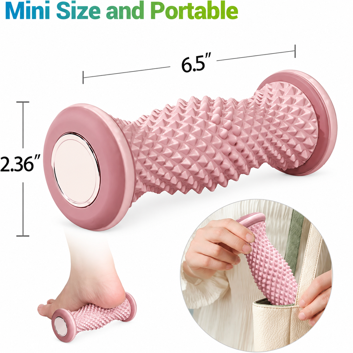 6.5in Foot Massage Roller with 52 Textured Massage Points, Curved Arch Design & Non-Slip Ends, Portable, Pink