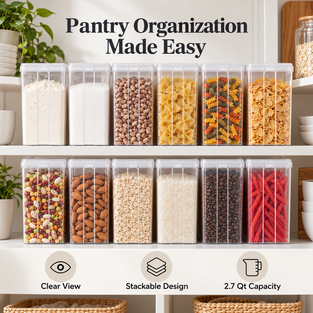 6 Pack 2.7 Qt Food Storage Containers with Flip Top Lid, Clear Stackable Pantry Organization Bins for Flour, Sugar, Pasta, Cereal and Dry Food