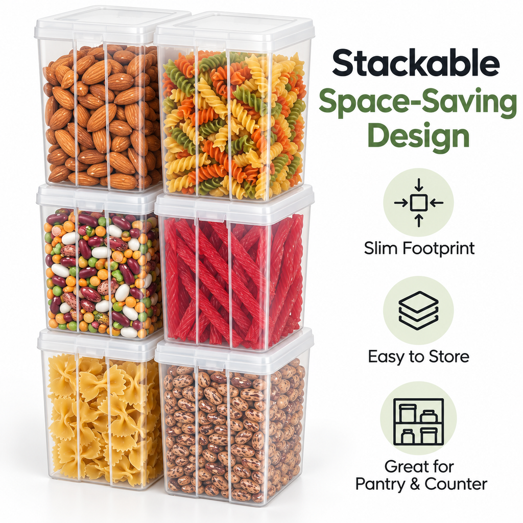 6 Pack 2.7 Qt Food Storage Containers with Flip Top Lid, Clear Stackable Pantry Organization Bins for Flour, Sugar, Pasta, Cereal and Dry Food