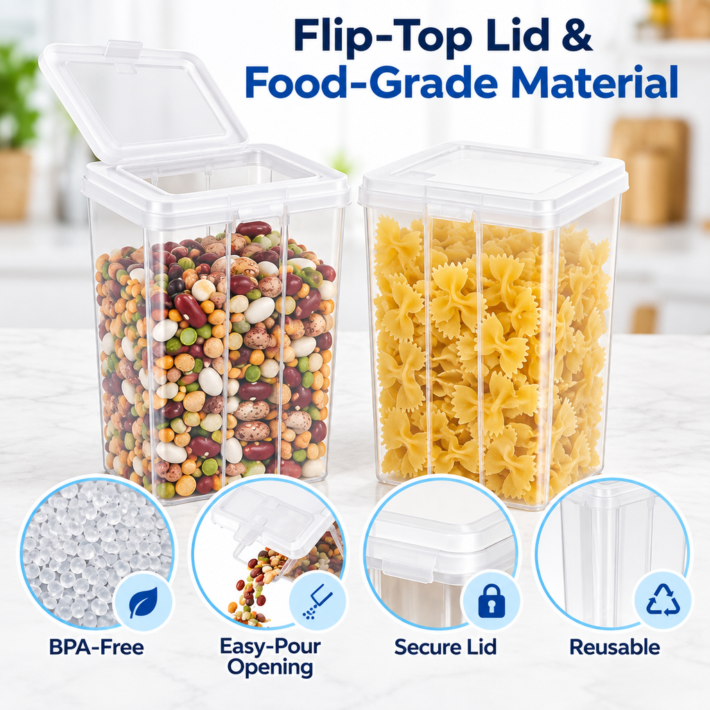 6 Pack 2.7 Qt Food Storage Containers with Flip Top Lid, Clear Stackable Pantry Organization Bins for Flour, Sugar, Pasta, Cereal and Dry Food