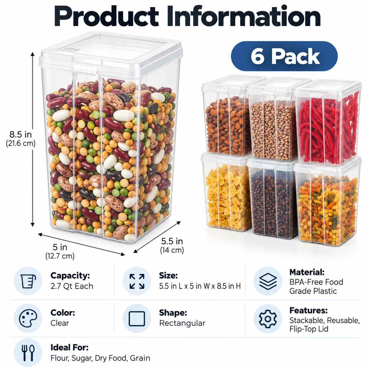6 Pack 2.7 Qt Food Storage Containers with Flip Top Lid, Clear Stackable Pantry Organization Bins for Flour, Sugar, Pasta, Cereal and Dry Food