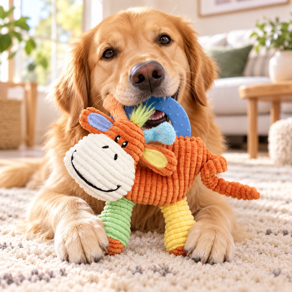 Plush Dog Toy with Rubber Teething Ring, Corduroy Animal Chew Toy for Puppies, Interactive Squeaky Pet Toy, Orange