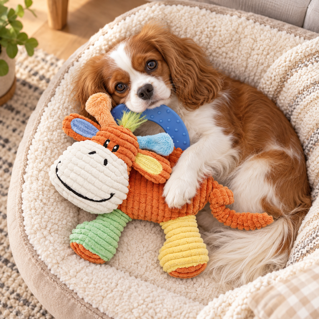 Plush Dog Toy with Rubber Teething Ring, Corduroy Animal Chew Toy for Puppies, Interactive Squeaky Pet Toy, Orange