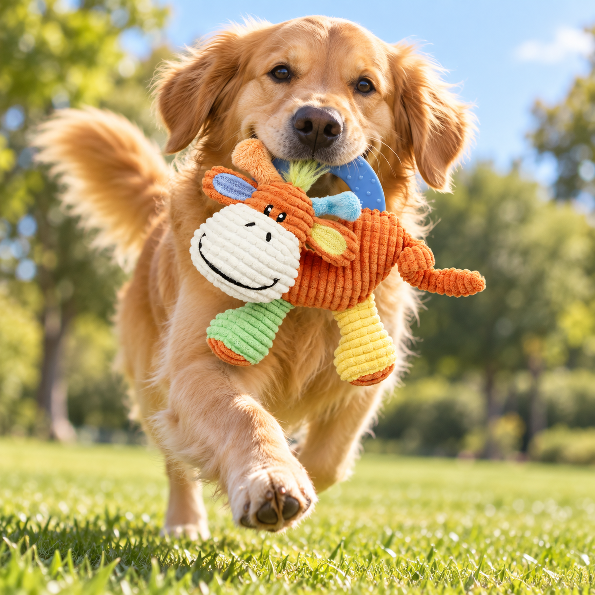 Plush Dog Toy with Rubber Teething Ring, Corduroy Animal Chew Toy for Puppies, Interactive Squeaky Pet Toy, Orange