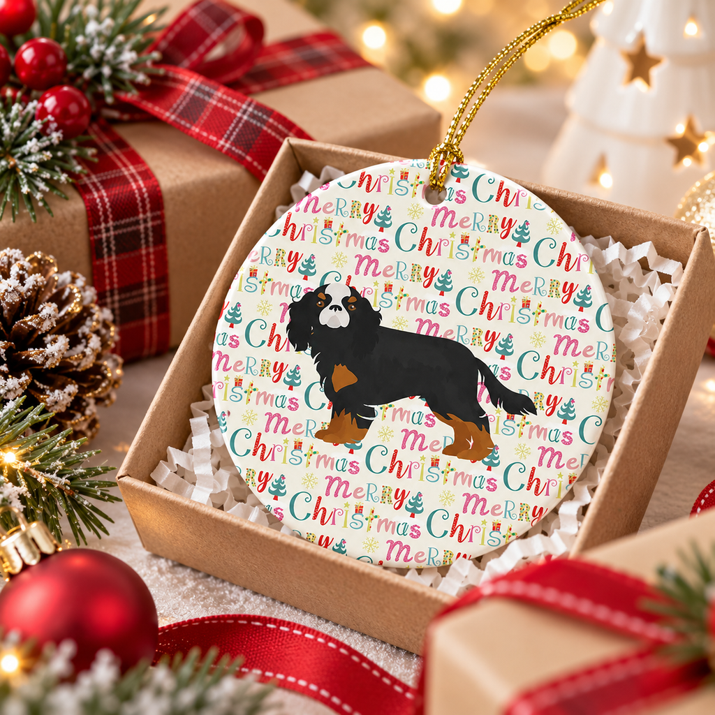 Cavalier King Charles Spaniel Christmas Ornament, 3" Ceramic Dog Holiday Hanging Decor with Blank Back for Personal Message
