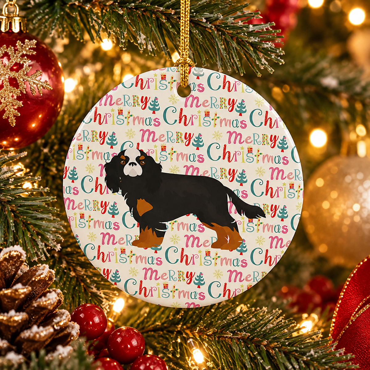 Cavalier King Charles Spaniel Christmas Ornament, 3" Ceramic Dog Holiday Hanging Decor with Blank Back for Personal Message