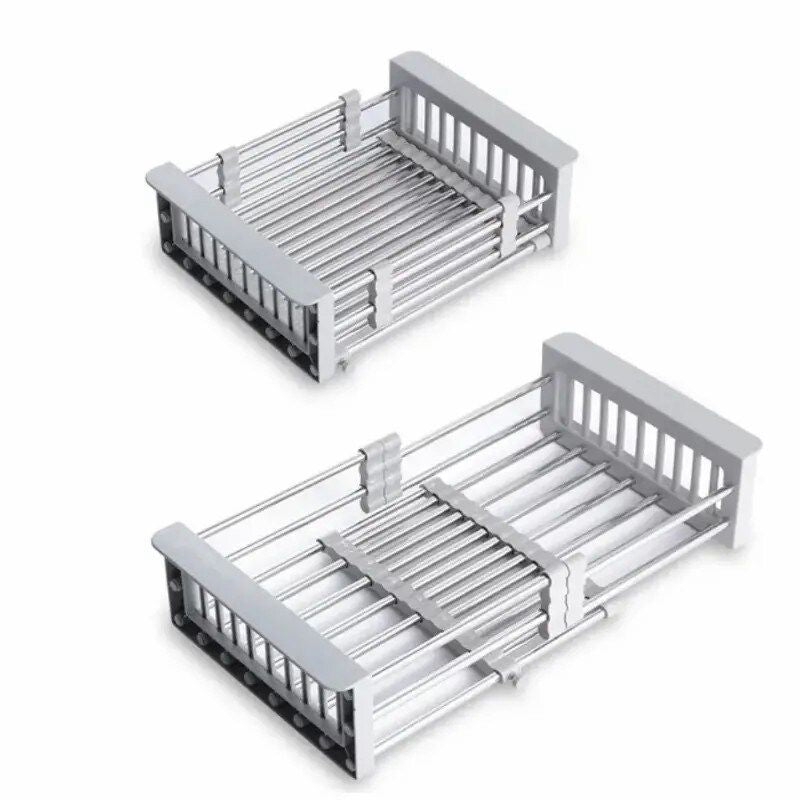 Expandable Over-the-Sink Dish Drying Rack, Stainless Steel Adjustable Sink Drainer Basket - Gray