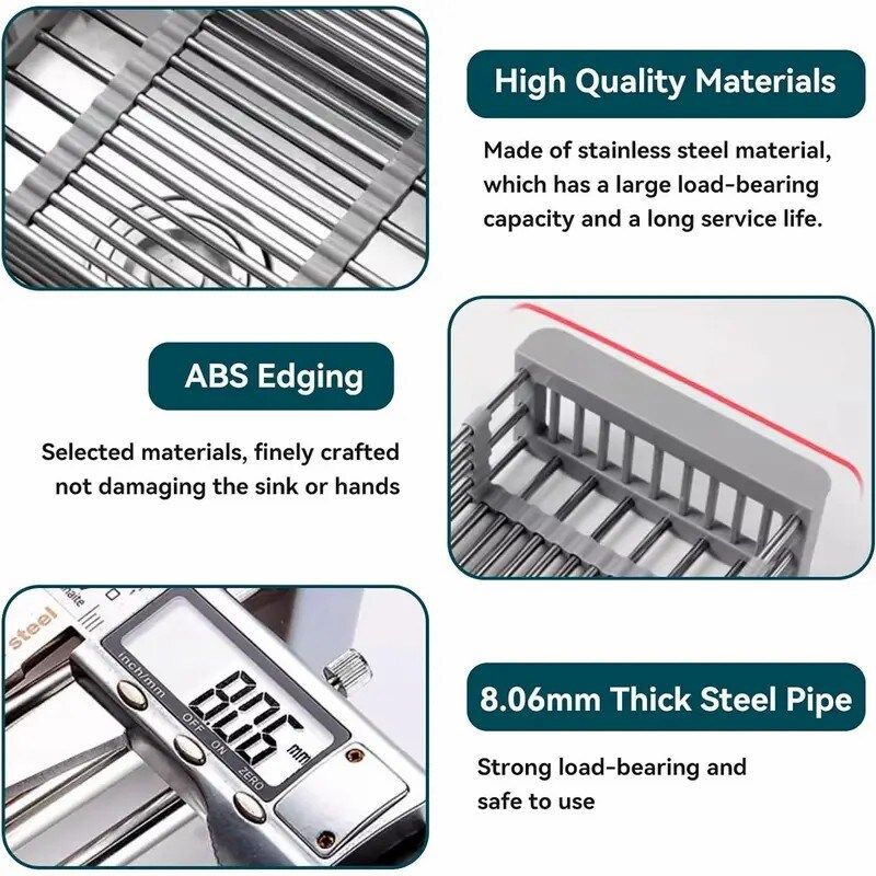 Expandable Over-the-Sink Dish Drying Rack, Stainless Steel Adjustable Sink Drainer Basket - Gray