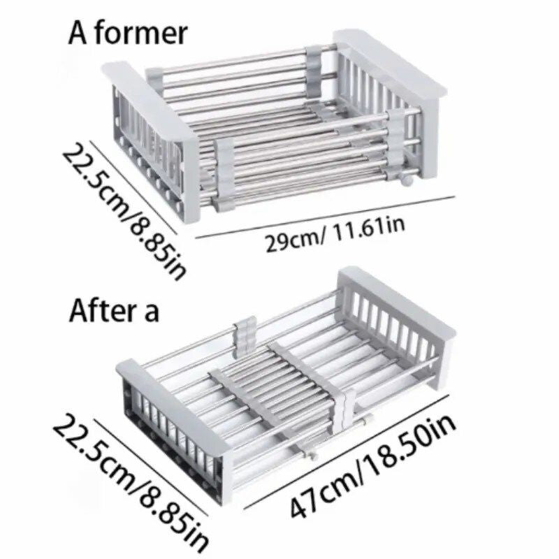 Expandable Over-the-Sink Dish Drying Rack, Stainless Steel Adjustable Sink Drainer Basket - Gray