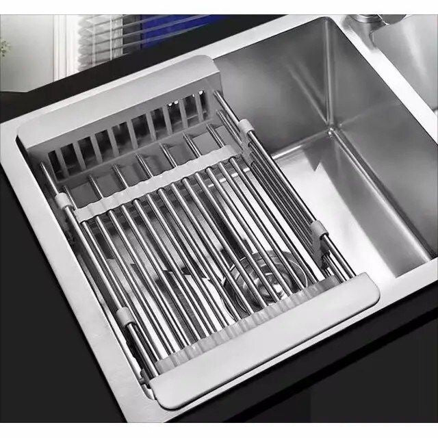 Expandable Over-the-Sink Dish Drying Rack, Stainless Steel Adjustable Sink Drainer Basket - Gray