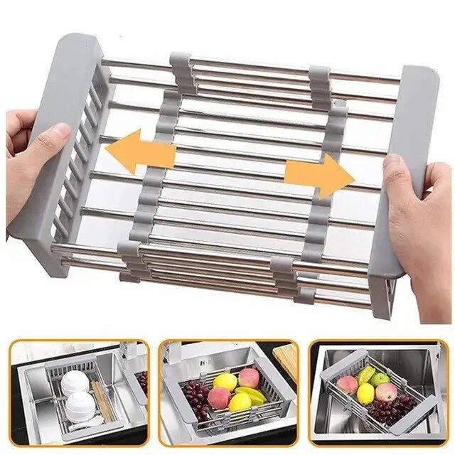 Expandable Over-the-Sink Dish Drying Rack, Stainless Steel Adjustable Sink Drainer Basket - Gray