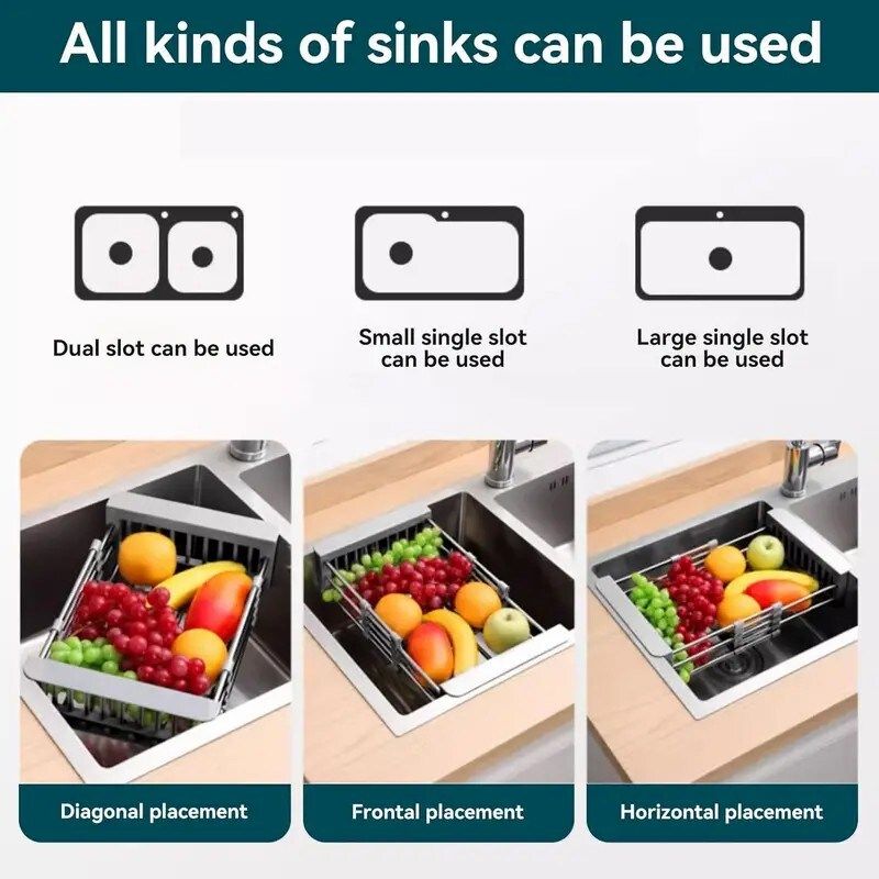 Expandable Over-the-Sink Dish Drying Rack, Stainless Steel Adjustable Sink Drainer Basket - Gray