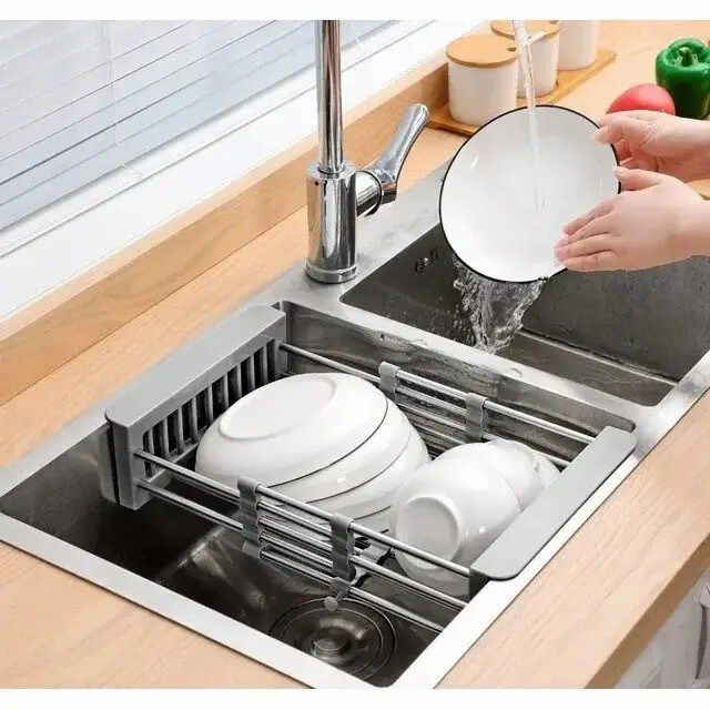 Expandable Over-the-Sink Dish Drying Rack, Stainless Steel Adjustable Sink Drainer Basket - Gray