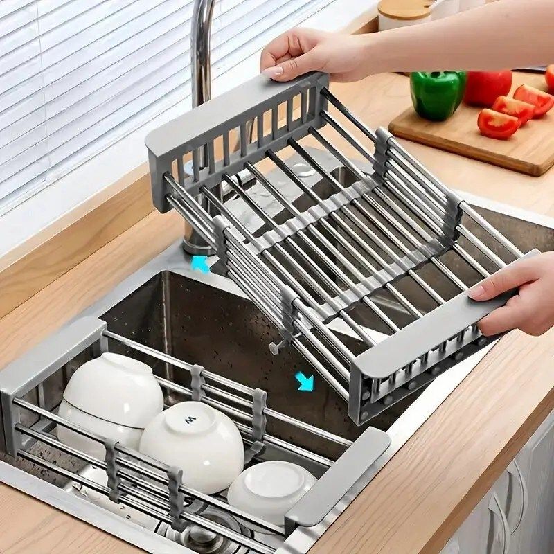 Expandable Over-the-Sink Dish Drying Rack, Stainless Steel Adjustable Sink Drainer Basket - Gray