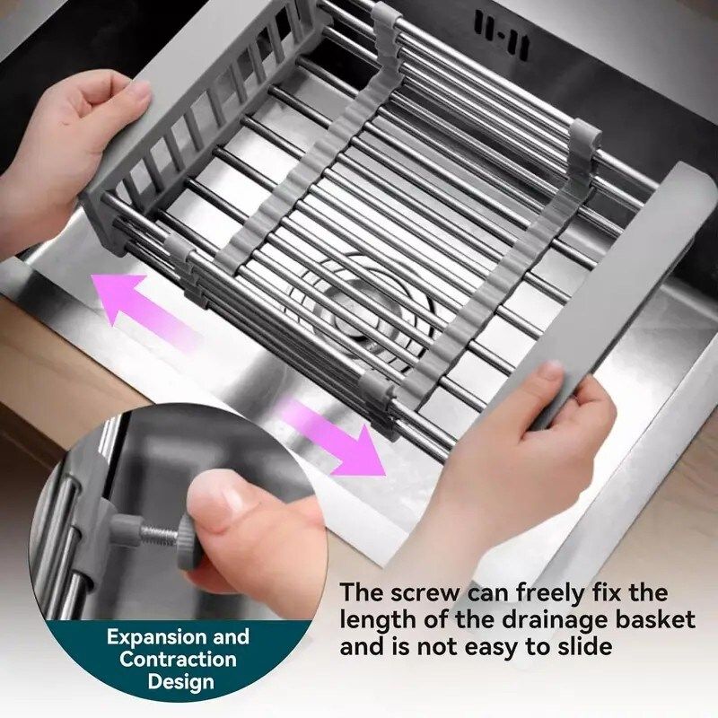 Expandable Over-the-Sink Dish Drying Rack, Stainless Steel Adjustable Sink Drainer Basket - Gray