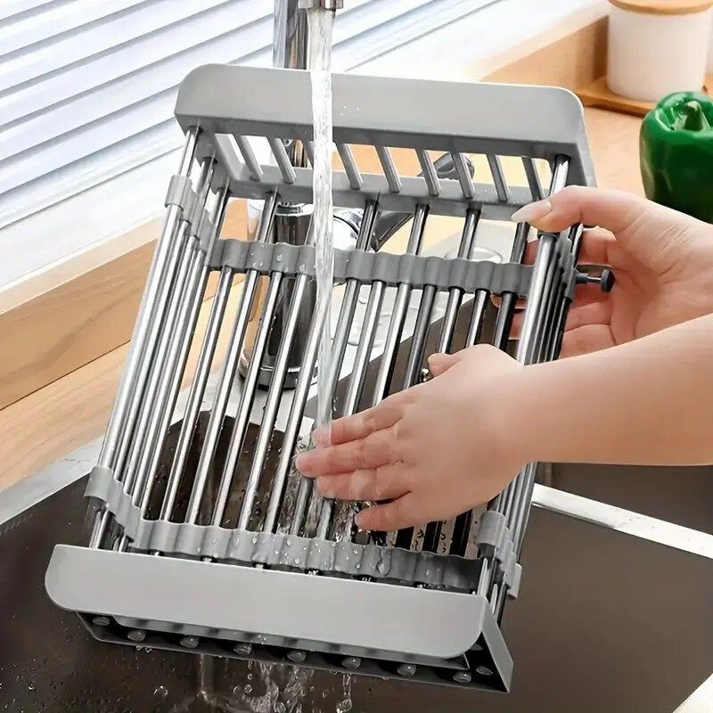 Expandable Over-the-Sink Dish Drying Rack, Stainless Steel Adjustable Sink Drainer Basket - Gray