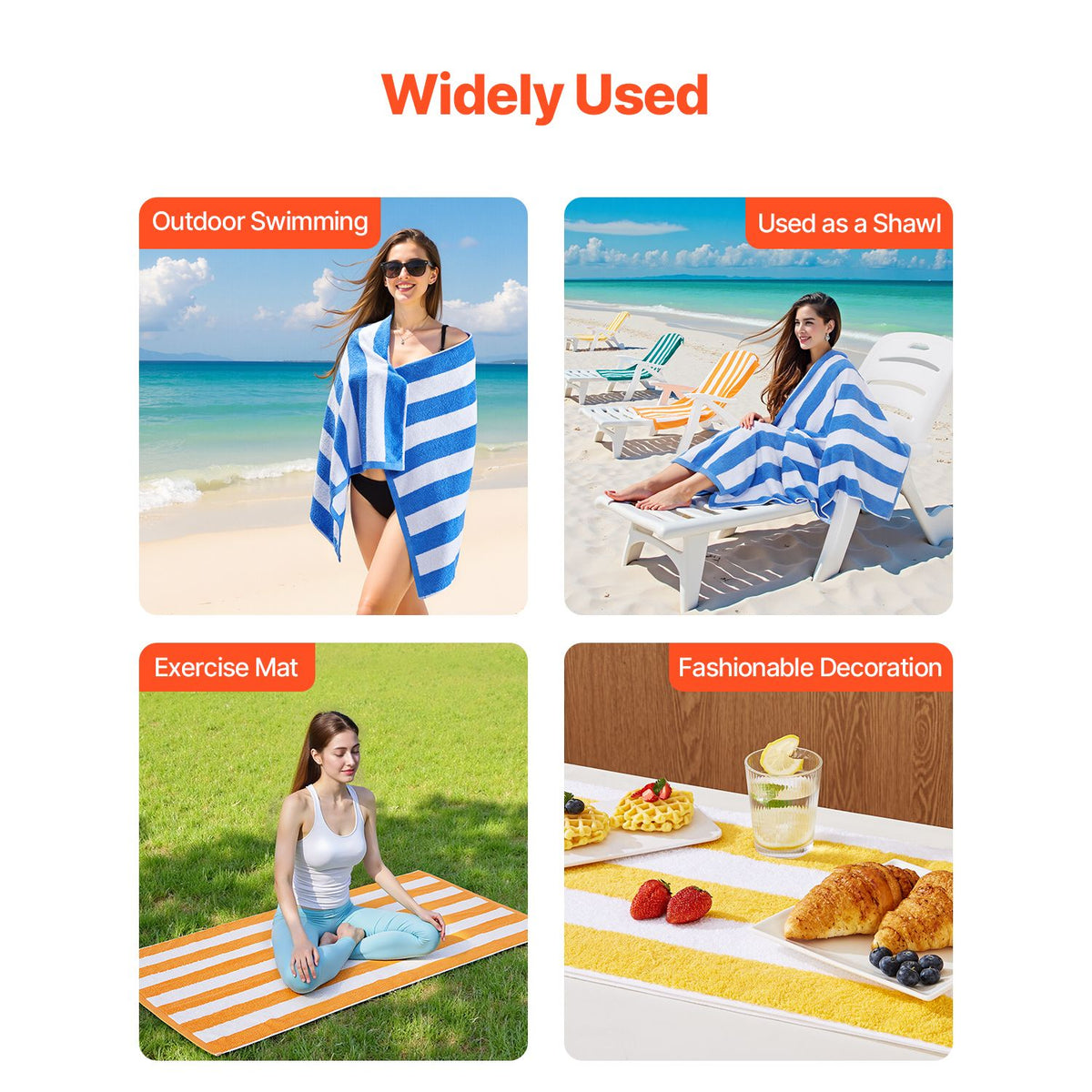 4-Pack Cotton Beach Towels 30" x 60" Oversized Cabana Stripe Pool Towels, Mixed Colors