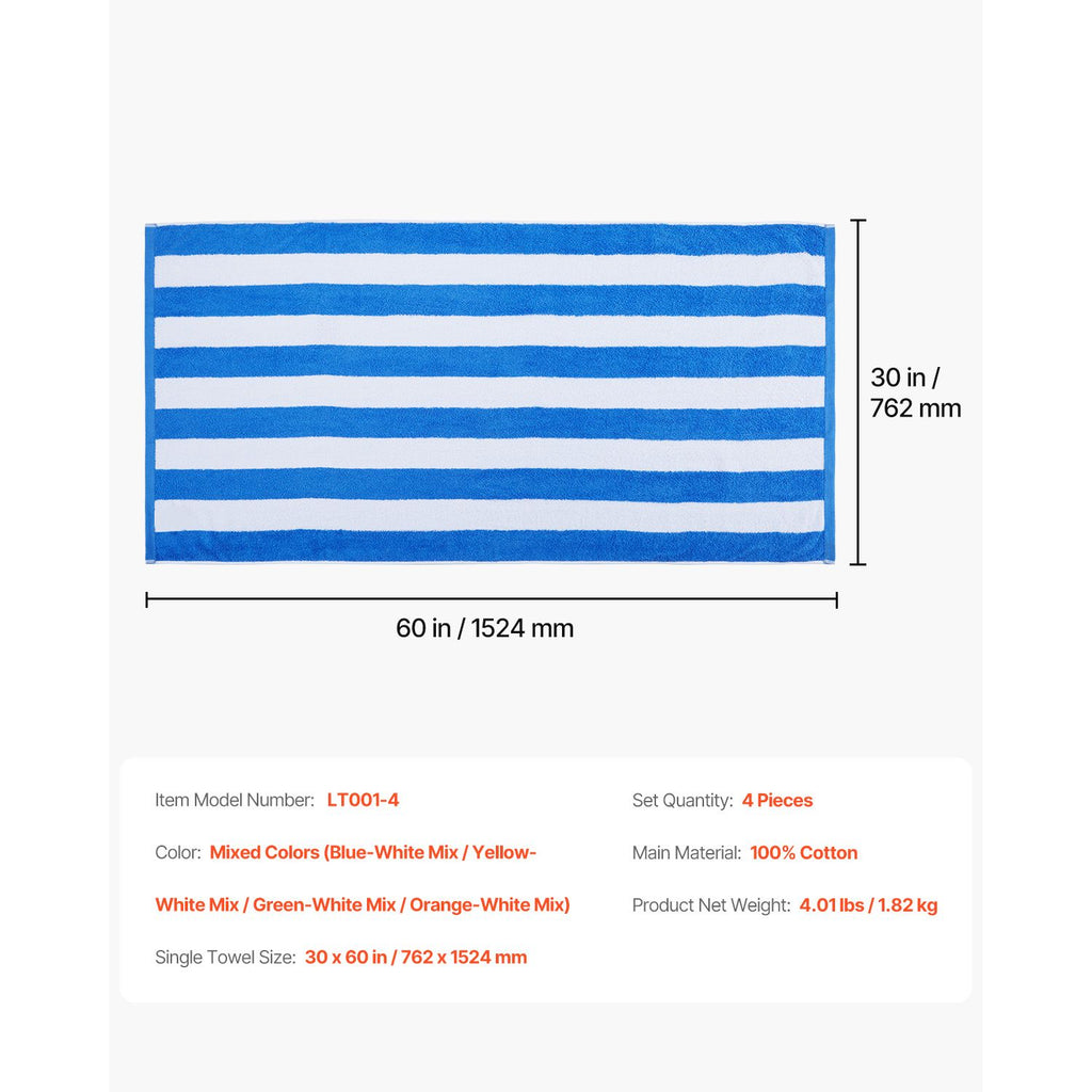 4-Pack Cotton Beach Towels 30" x 60" Oversized Cabana Stripe Pool Towels, Mixed Colors