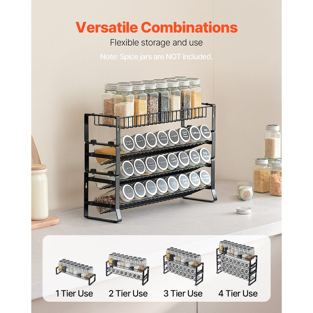 4-Tier Detachable Spice Rack Organizer, Stackable Metal Seasoning Storage Rack for Countertop, Cabinet & Pantry, Black, 15.8"