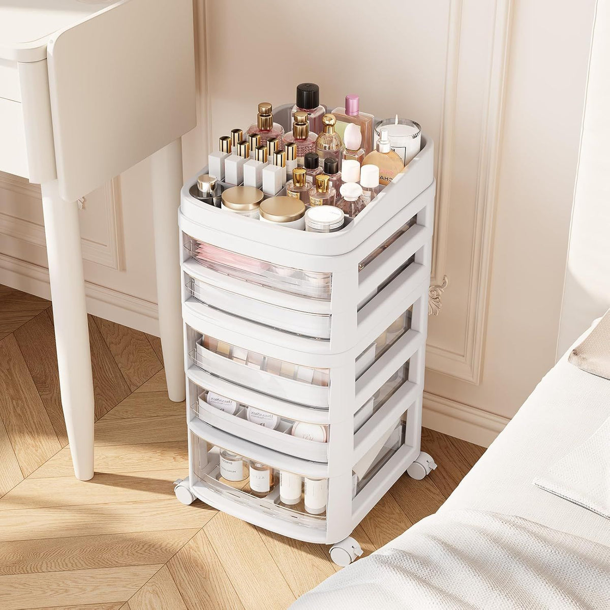 AEELLEEA 5-Drawer Rolling Storage Cart, Clear Plastic Organizer with Dividers & Wheels, White