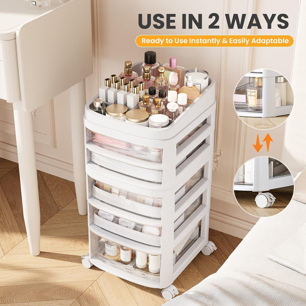 AEELLEEA 5-Drawer Rolling Storage Cart, Clear Plastic Organizer with Dividers & Wheels, White