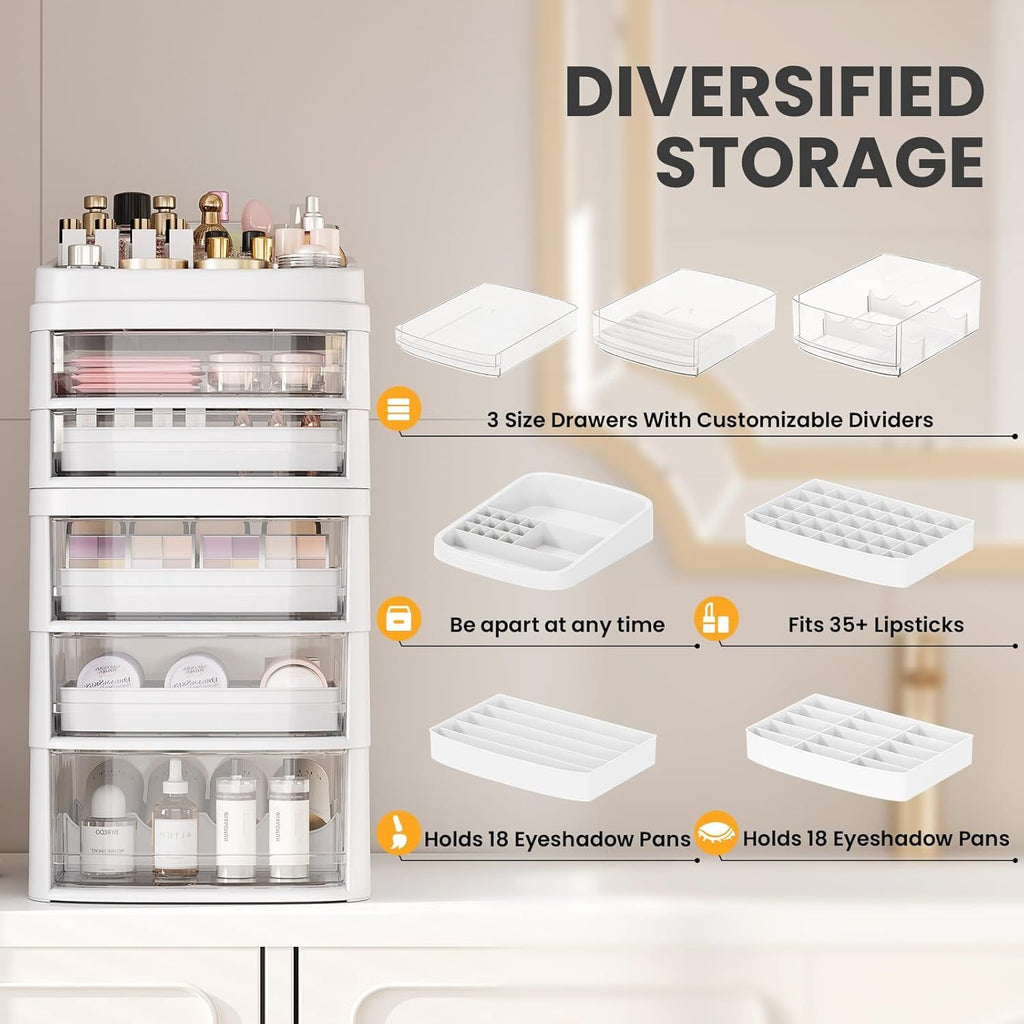 AEELLEEA 5-Drawer Rolling Storage Cart, Clear Plastic Organizer with Dividers & Wheels, White
