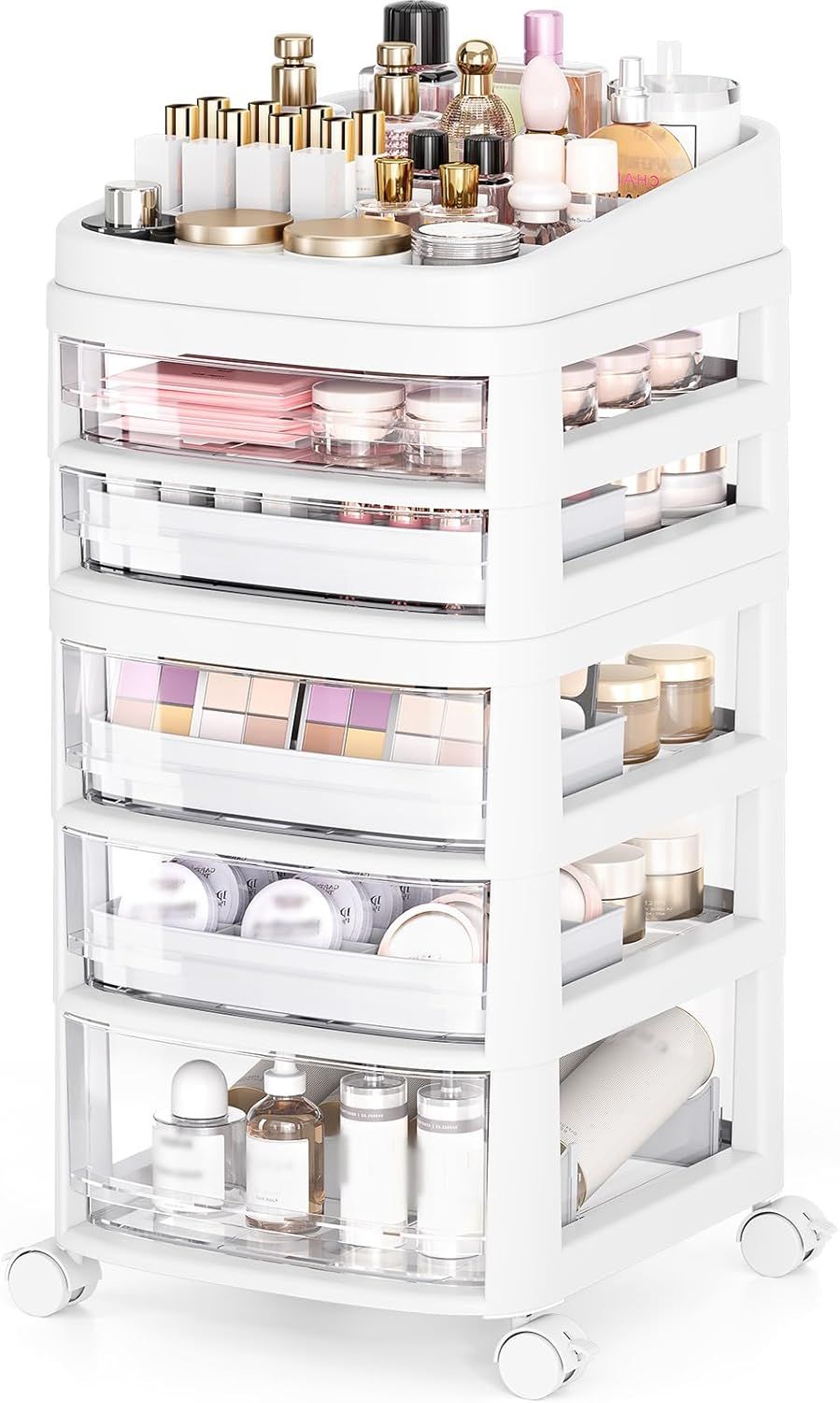 AEELLEEA 5-Drawer Rolling Storage Cart, Clear Plastic Organizer with Dividers & Wheels, White