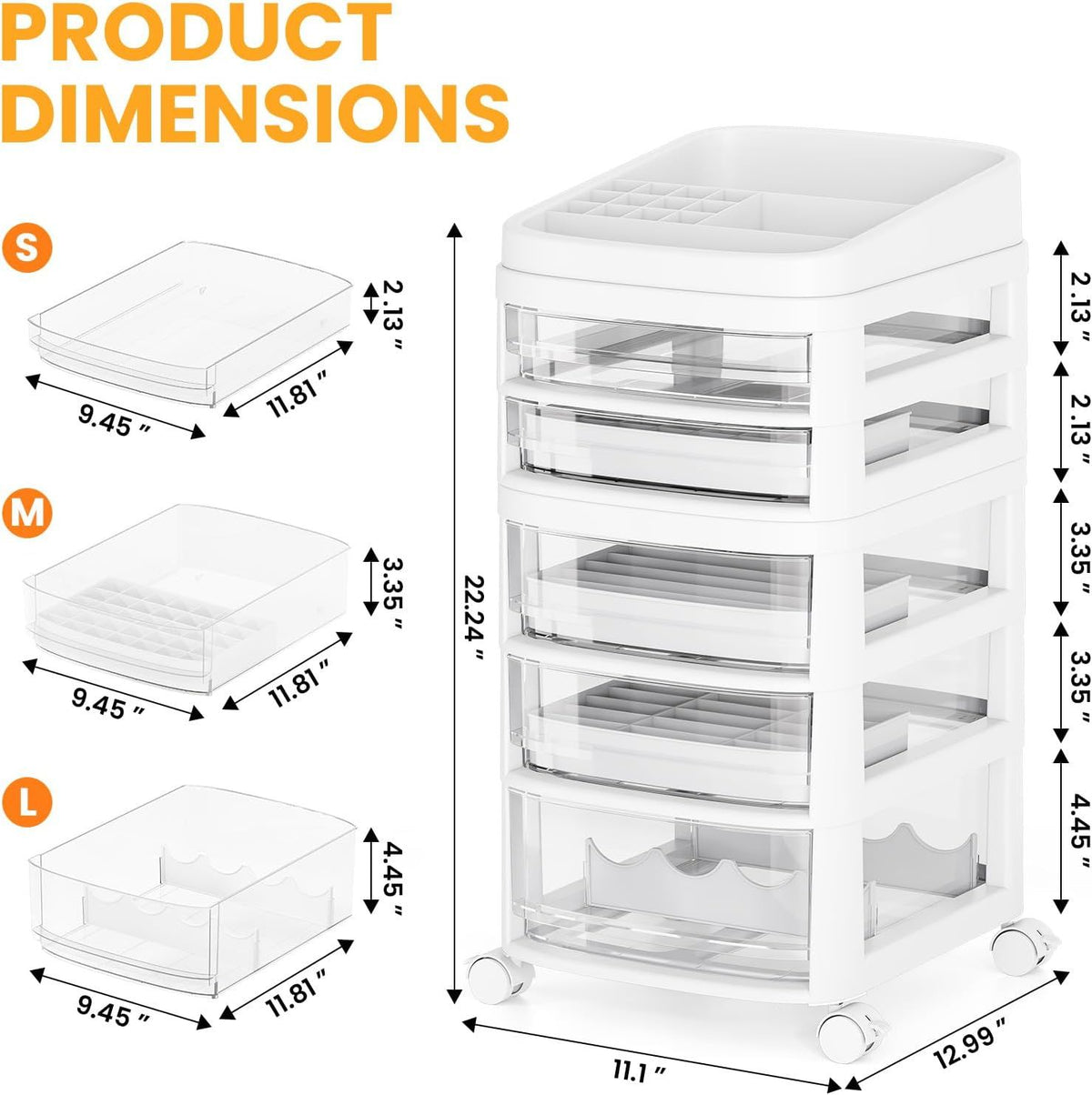 AEELLEEA 5-Drawer Rolling Storage Cart, Clear Plastic Organizer with Dividers & Wheels, White