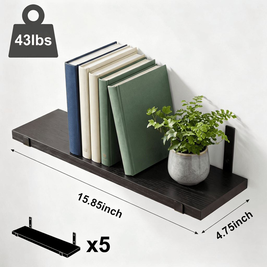 5pc Rustic Wood Corner Wall Shelves with Triangle Brackets, Espresso Brown, 16.1"x11.4"