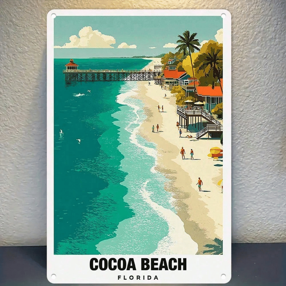 Cocoa Beach Florida Retro Metal Wall Sign, 7.9" x 11.9" Coastal Travel Wall Decor