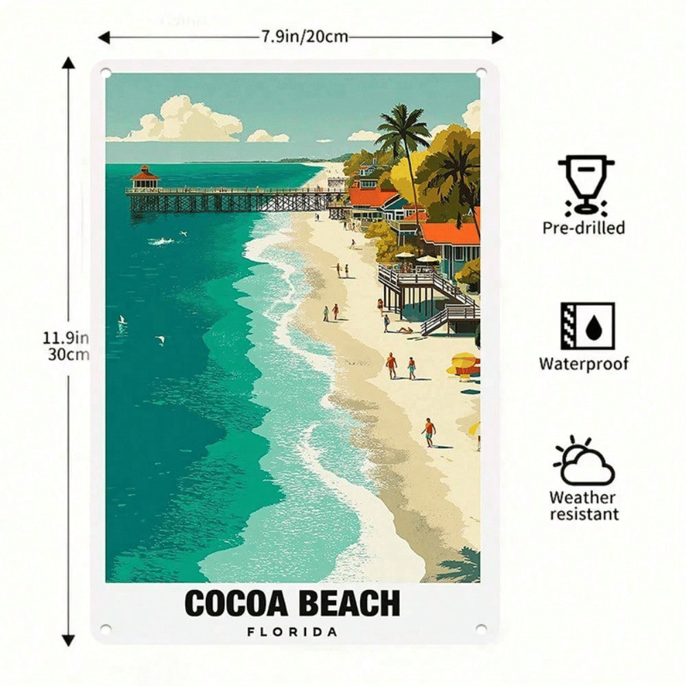 Cocoa Beach Florida Retro Metal Wall Sign, 7.9" x 11.9" Coastal Travel Wall Decor