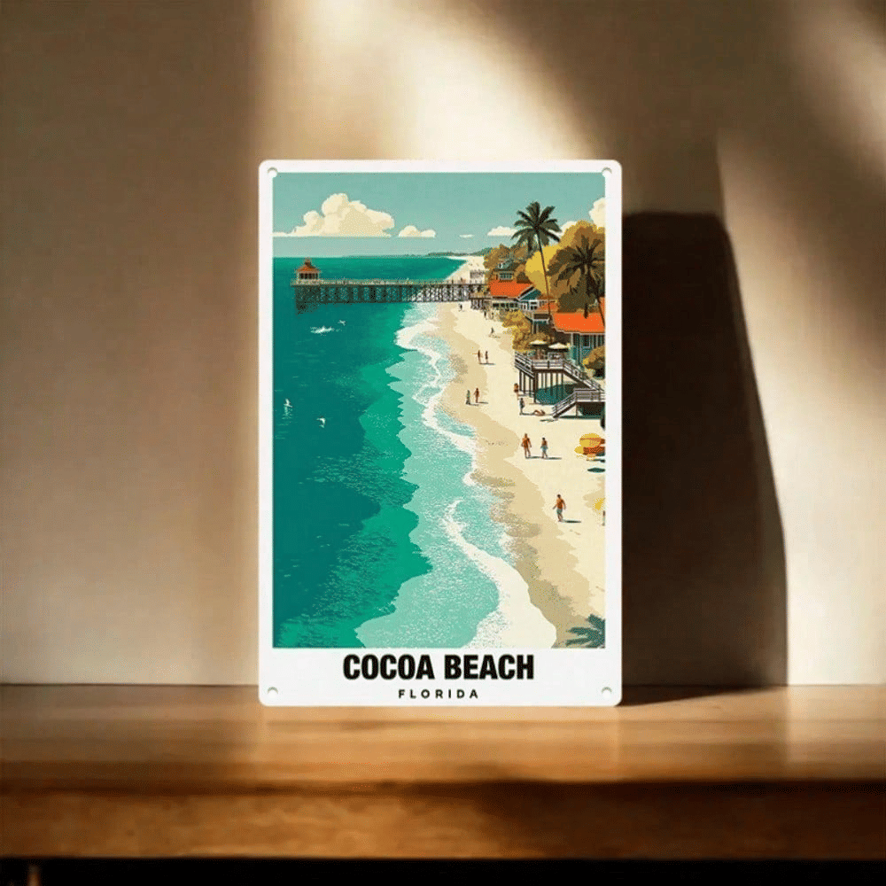 Cocoa Beach Florida Retro Metal Wall Sign, 7.9" x 11.9" Coastal Travel Wall Decor