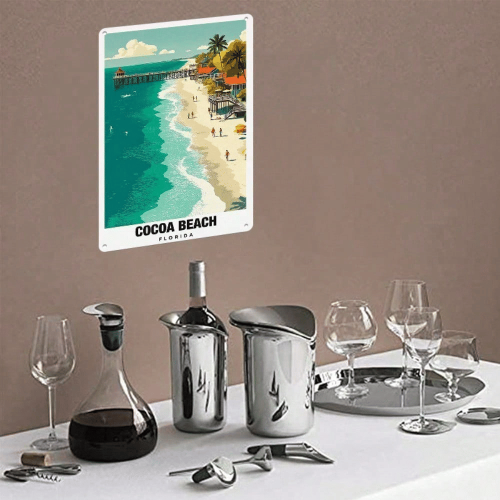 Cocoa Beach Florida Retro Metal Wall Sign, 7.9" x 11.9" Coastal Travel Wall Decor