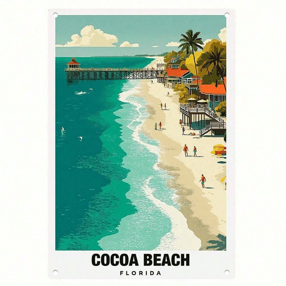 Cocoa Beach Florida Retro Metal Wall Sign, 7.9" x 11.9" Coastal Travel Wall Decor