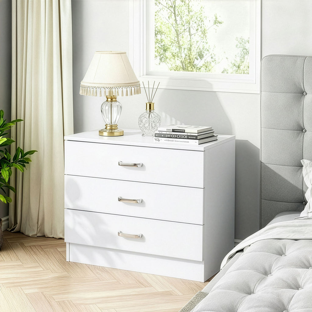 AEELLEEA 3-Drawer Nightstand with Storage, Particleboard Bedside Cabinet with Melamine Finish, White, 25.98" x 12.99" x 22.05"