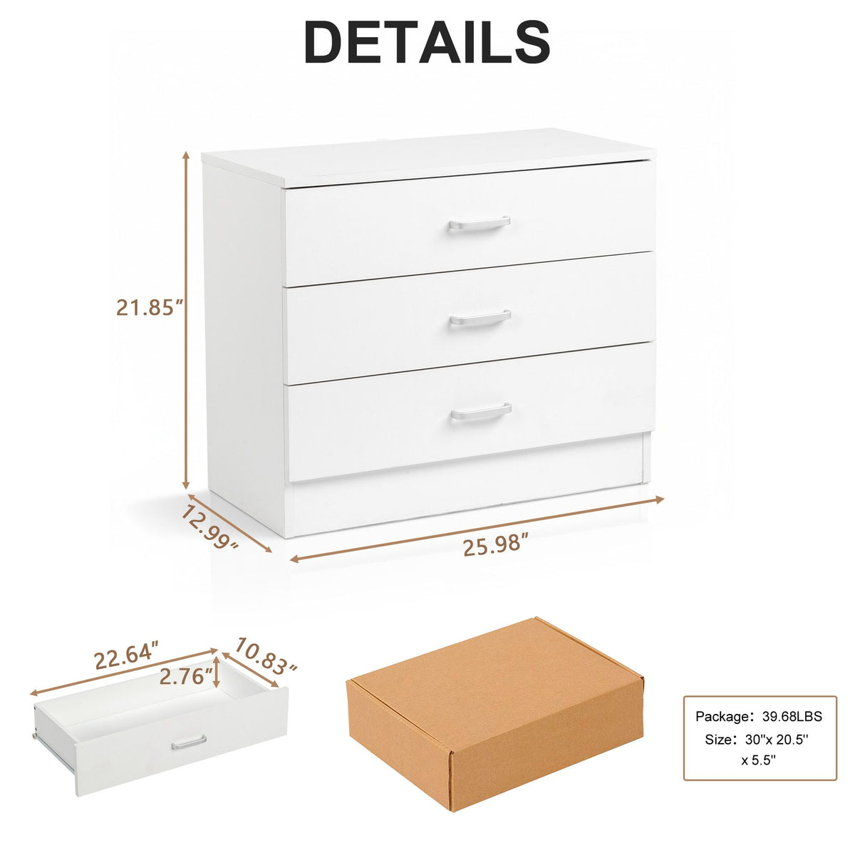 AEELLEEA 3-Drawer Nightstand with Storage, Particleboard Bedside Cabinet with Melamine Finish, White, 25.98" x 12.99" x 22.05"