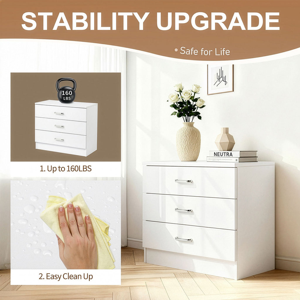 AEELLEEA 3-Drawer Nightstand with Storage, Particleboard Bedside Cabinet with Melamine Finish, White, 25.98" x 12.99" x 22.05"