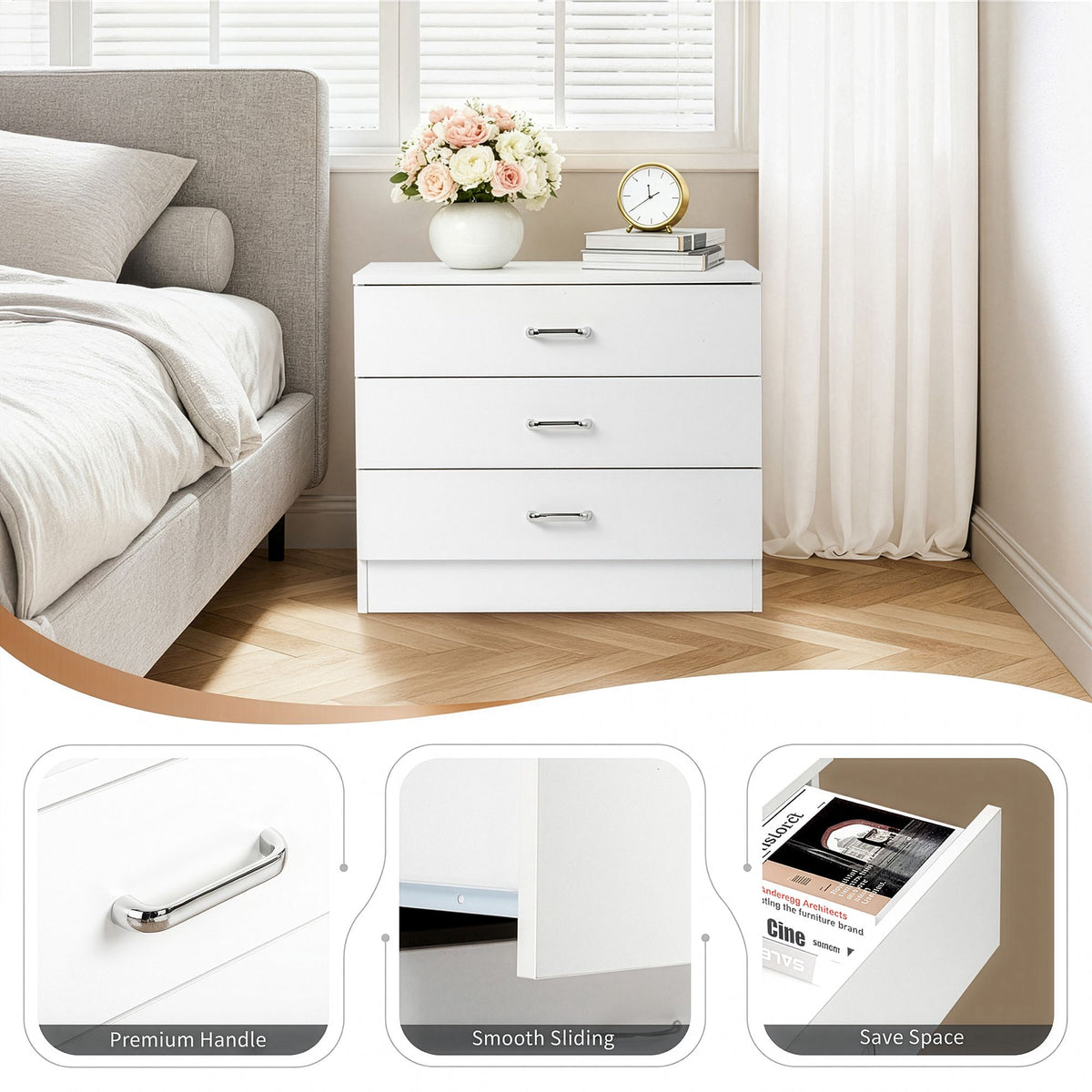 AEELLEEA 3-Drawer Nightstand with Storage, Particleboard Bedside Cabinet with Melamine Finish, White, 25.98" x 12.99" x 22.05"