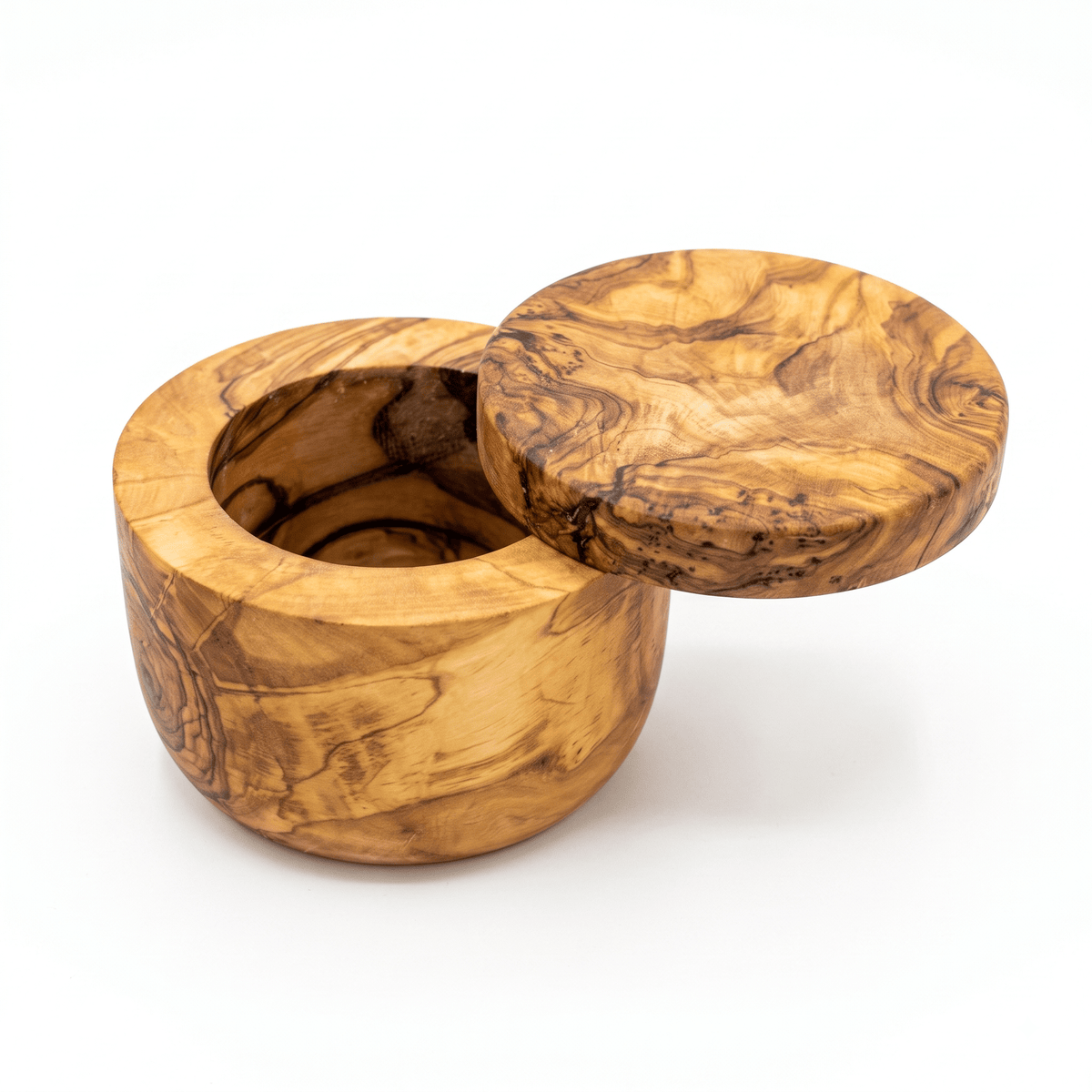 Olive Wood Salt Cellar with Swivel Lid, 3/4 Cup Wooden Spice Box, Natural Grain Seasoning Storage Container