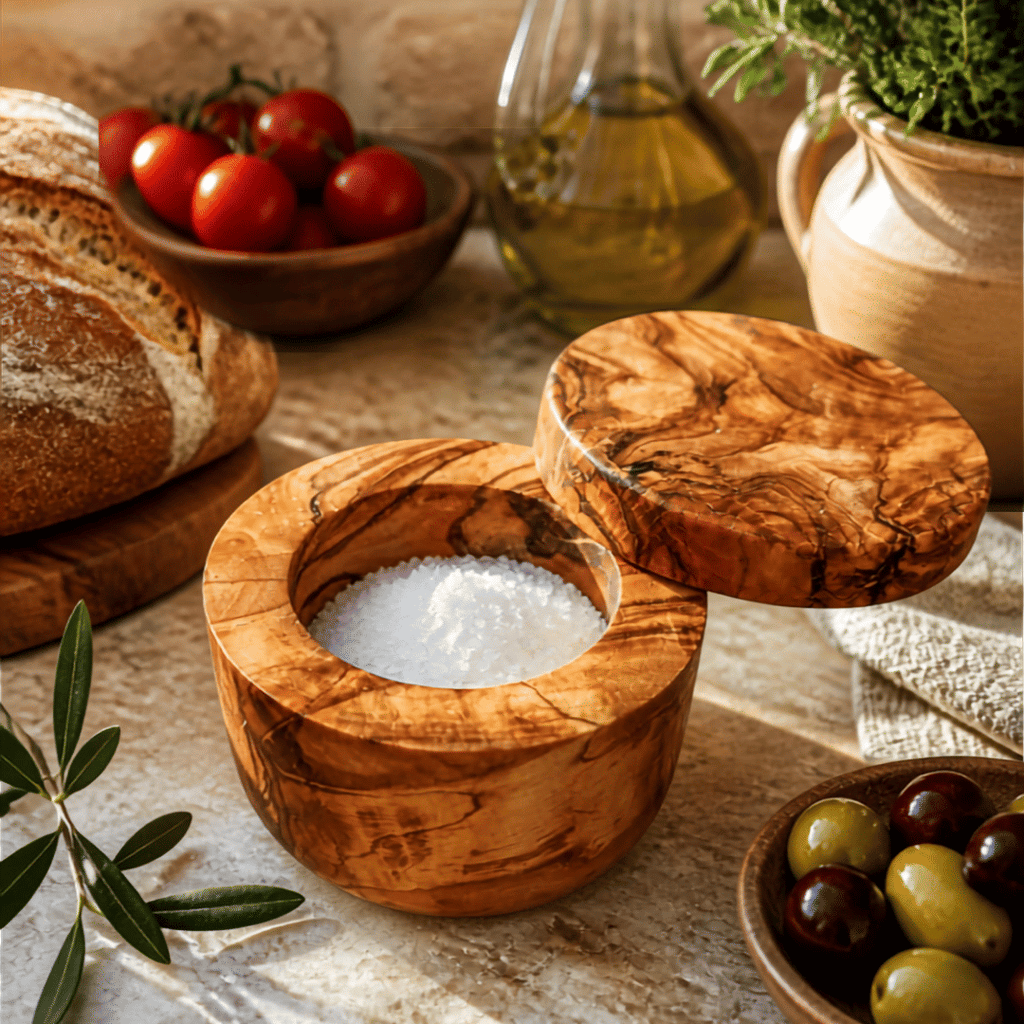 Olive Wood Salt Cellar with Swivel Lid, 3/4 Cup Wooden Spice Box, Natural Grain Seasoning Storage Container