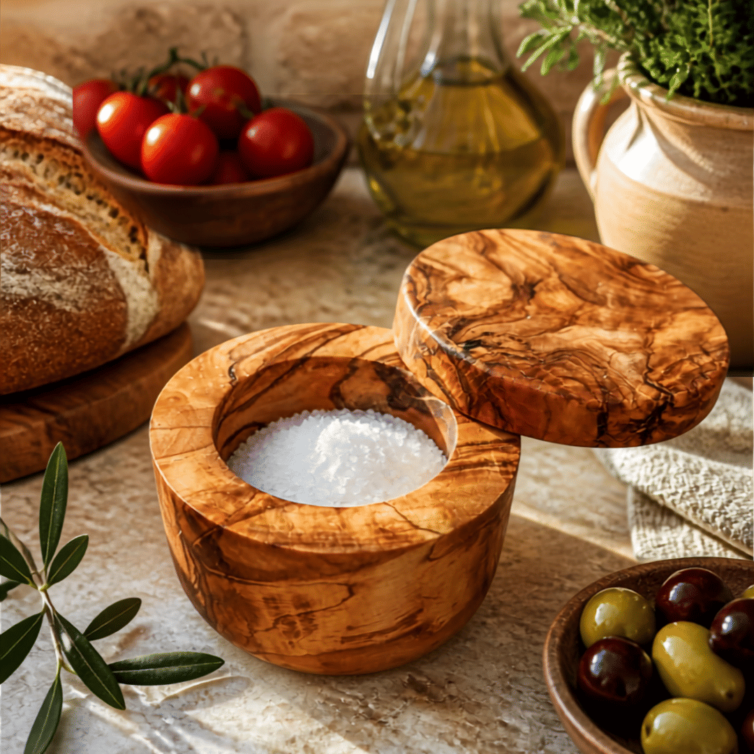 Olive Wood Salt Cellar with Swivel Lid, 3/4 Cup Wooden Spice Box, Natural Grain Seasoning Storage Container