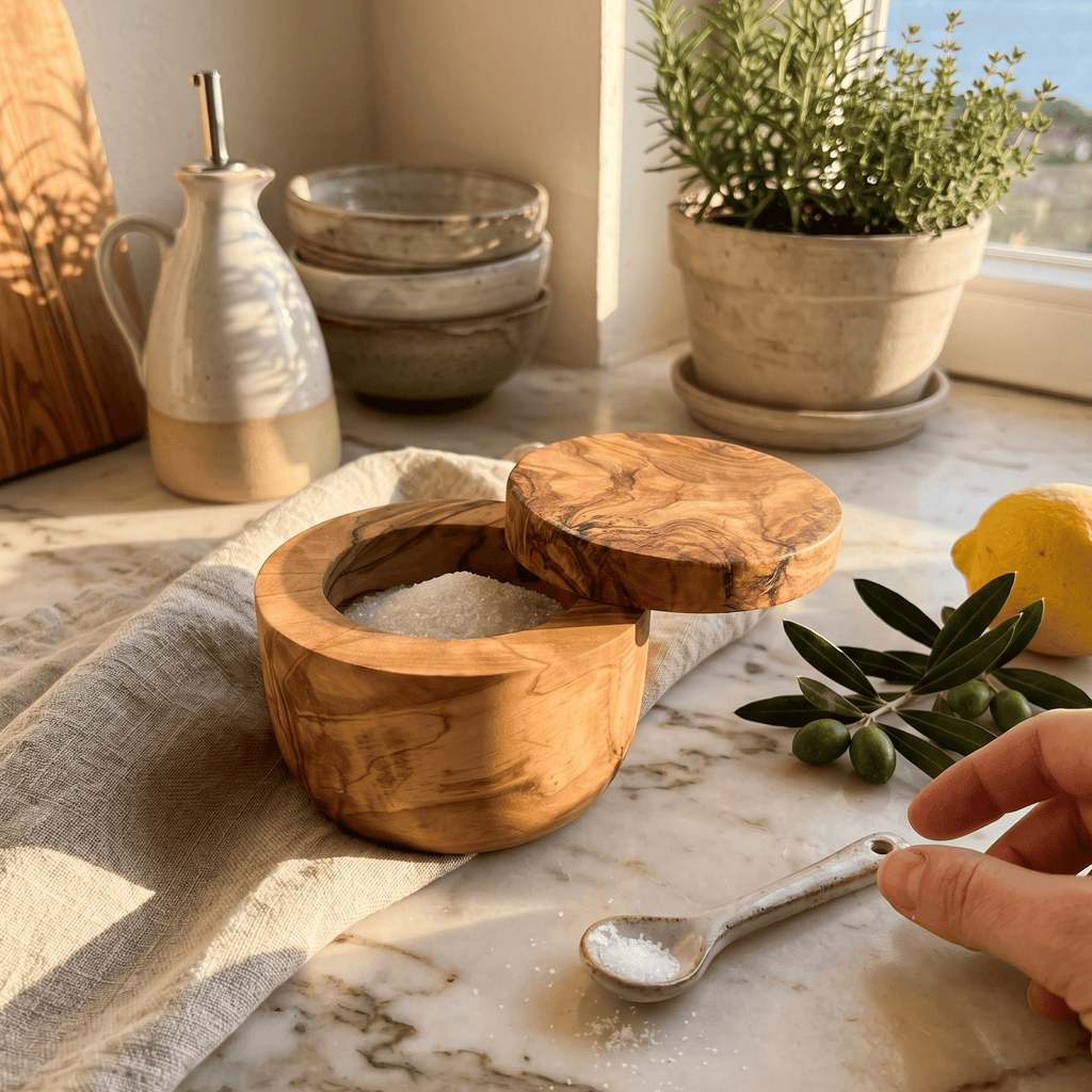 Olive Wood Salt Cellar with Swivel Lid, 3/4 Cup Wooden Spice Box, Natural Grain Seasoning Storage Container