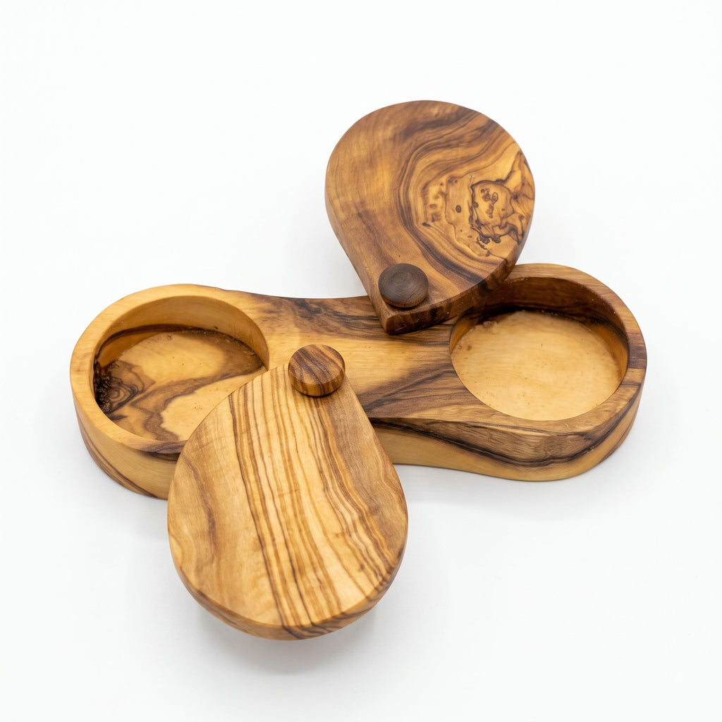 Choixe Olive Wood Dual Spice Box with Swivel Lids, 2-Compartment Salt & Spice Keeper, 6"