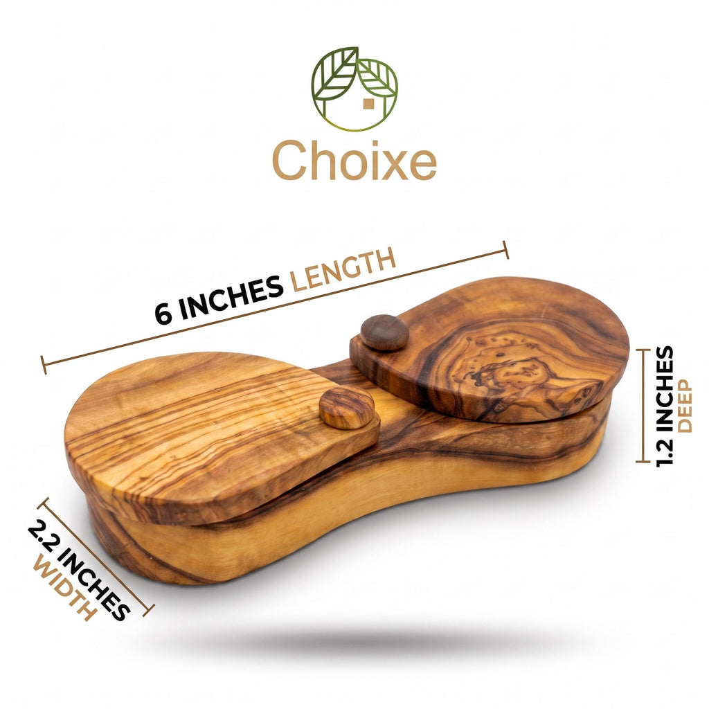 Choixe Olive Wood Dual Spice Box with Swivel Lids, 2-Compartment Salt & Spice Keeper, 6"