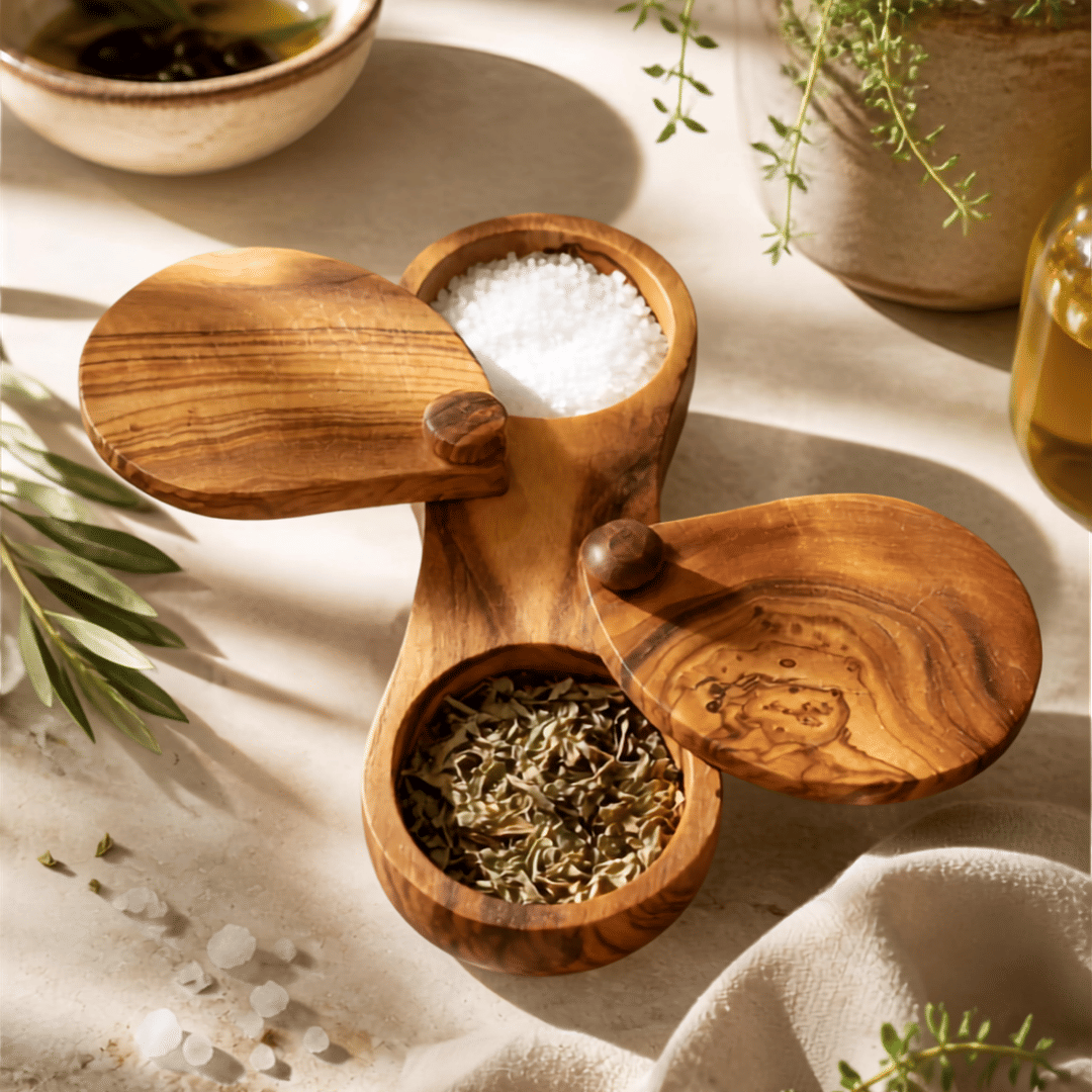 Choixe Olive Wood Dual Spice Box with Swivel Lids, 2-Compartment Salt & Spice Keeper, 6"