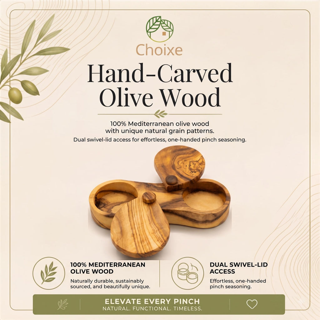 Choixe Olive Wood Dual Spice Box with Swivel Lids, 2-Compartment Salt & Spice Keeper, 6"