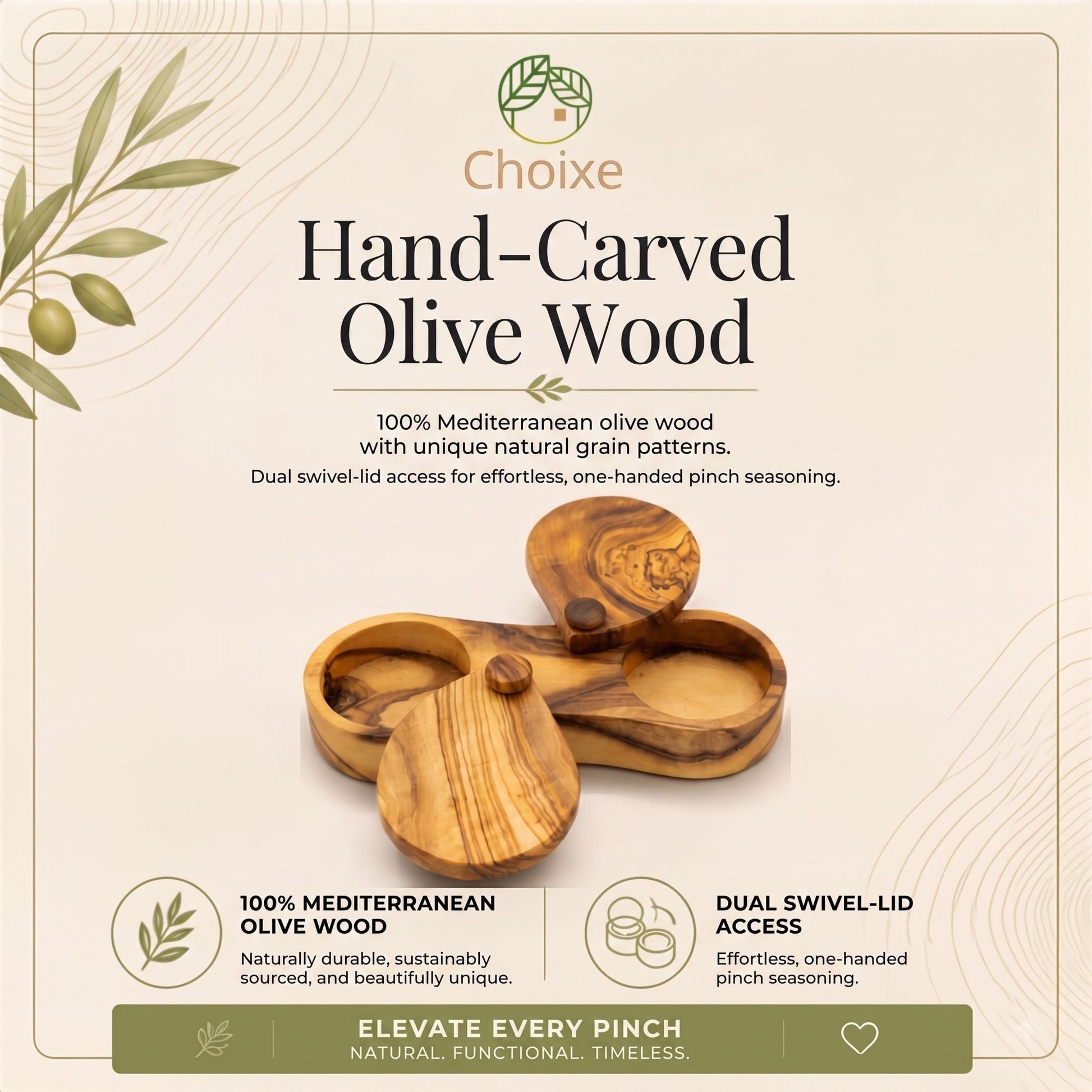 Choixe Olive Wood Dual Spice Box with Swivel Lids, 2-Compartment Salt & Spice Keeper, 6"