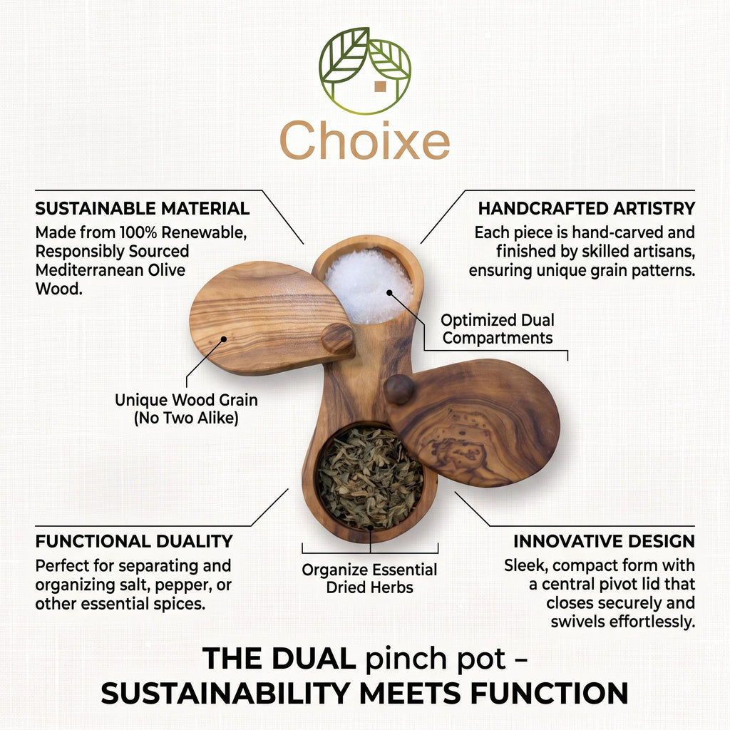 Choixe Olive Wood Dual Spice Box with Swivel Lids, 2-Compartment Salt & Spice Keeper, 6"